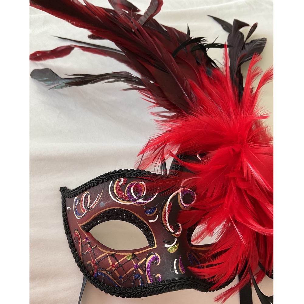 Burgundy Red Feathered Masquerade Mask Glitter Harlequin Venetian Ball Party